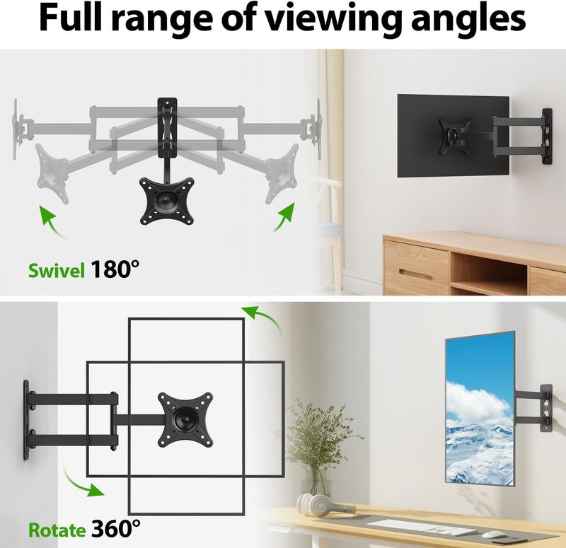 USX MOUNT Full Motion TV Wall Mount - Universal Single Stud Corner Bracket for 13-32 inch TVs, Monitor Wall Mount for LCD Monitor Swivel Tilt Rotation Articulating, VESA100x100mm, Up to 33LBS - Image 3